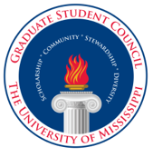 Graduate Student Council round red and blue logo with pillar