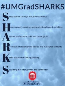 #UMGradSHARKS, Shape leaders through inclusive excellence, Hone research, creative, and professional practice abilities, Advance professional skills and career goals, Recruit and retain highly qualified and motivated students, Kindle passion for lifelong learning, Sustaining place for growth and connection. The University of Mississippi crest