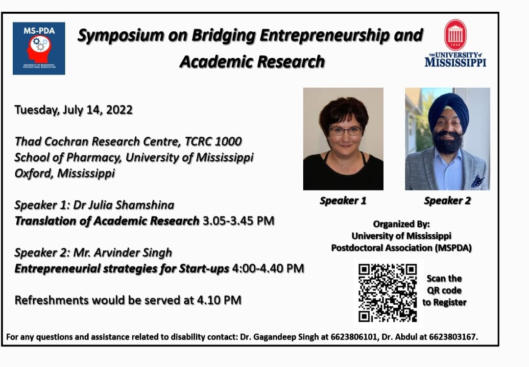 Details announcing the MSPDA Entrepreneurship/Research Symposium, 3-5 PM, 6/14/2022, TCRC 1000